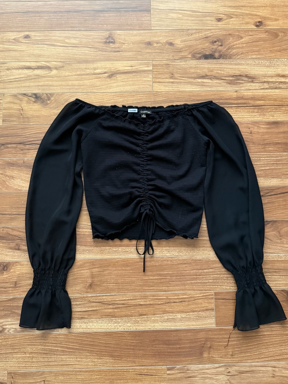 Shinestar Black Off-Shoulder Ruched Top Sheer Ruffle Bell Sleeves Size Small